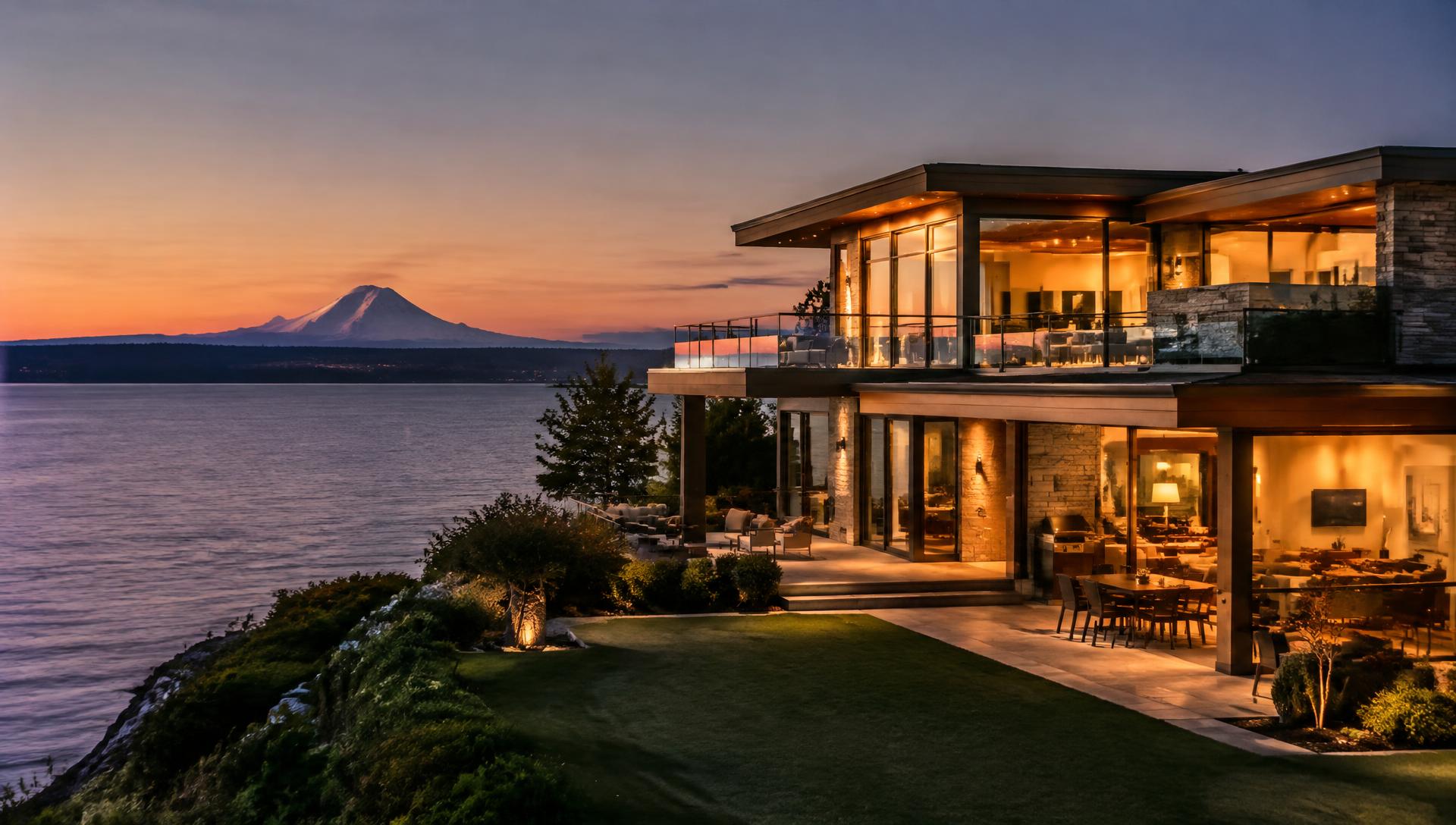 Waterfront estate on Puget Sound with Mount Rainier at dusk