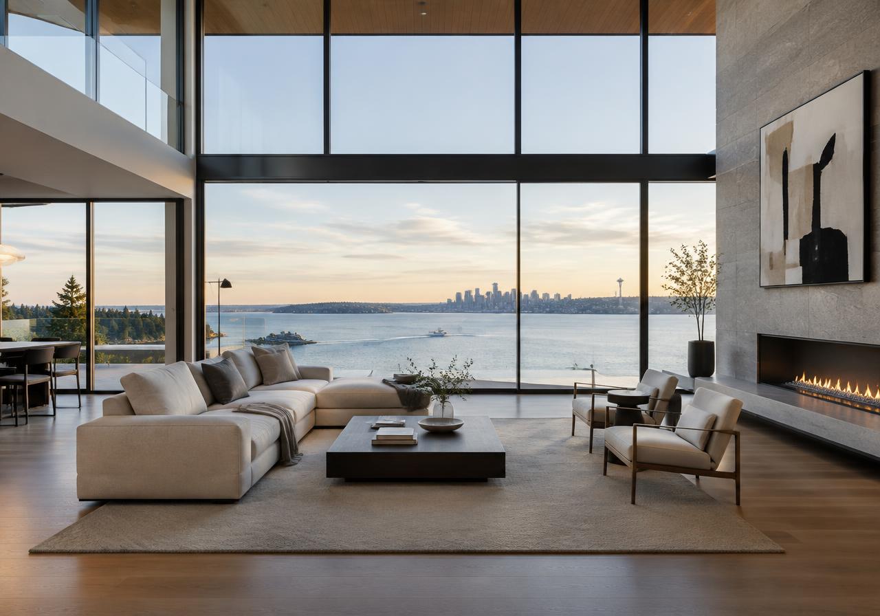 Sunlit modern interior with floor-to-ceiling glass overlooking the water